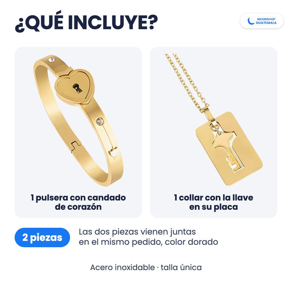 Qué incluye: 1 pulsera con candado de corazón y 1 collar con la llave en su placa, en color dorado