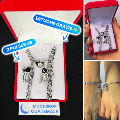 Dúo de Pulseras de Astronautas con Corazón, de Acero Inoxidable y con Caja de Regalo