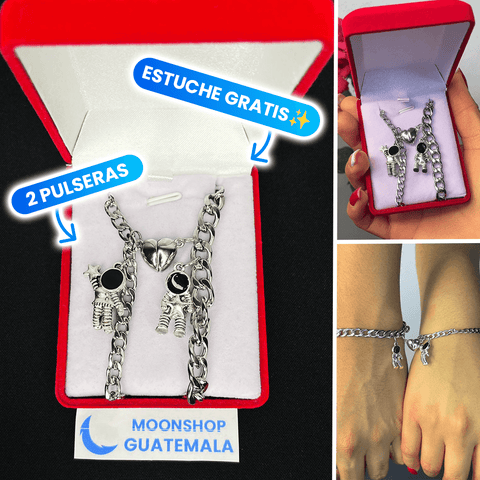 Dúo de pulseras de astronauta que forman un corazón en acero inoxidable
