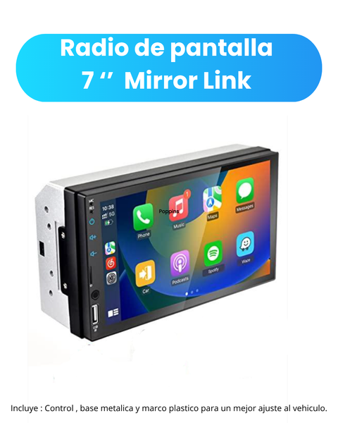 Radio pantalla de 7 pulgadas full touch HD con Mirror Link y USB para vehículo