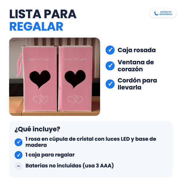 Cajas rosadas Rose of Love con ventana de corazón y cordón; incluye 1 rosa en cúpula con luces LED y 1 caja para regalar