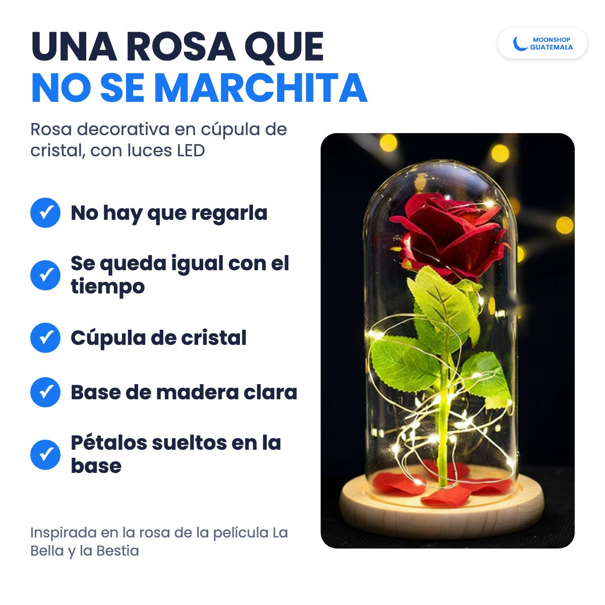 Rosa roja decorativa en cúpula de cristal con luces LED encendidas sobre base de madera: no se marchita ni hay que regarla