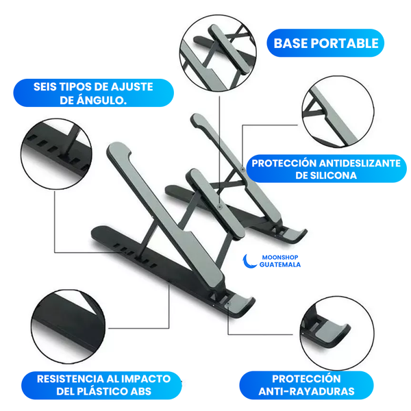 Soporte portátil antideslizante que eleva la laptop hasta 16 cm, con 6 ángulos de ajuste