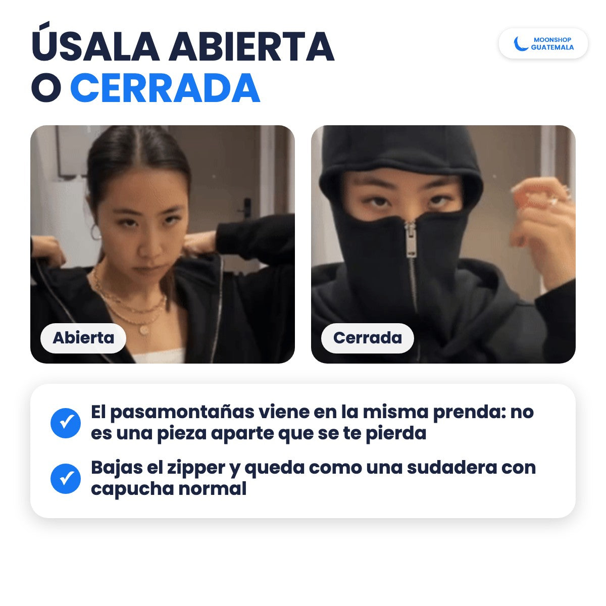 La Sudadera Ninja abierta como sudadera normal y cerrada como pasamontañas; viene en la misma prenda