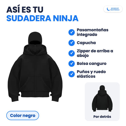 Sudadera Ninja negra de frente y por detrás: pasamontañas integrado, capucha, zipper de arriba a abajo, bolsa canguro y puños y ruedo elásticos