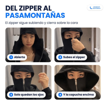 Cuatro pasos de la Sudadera Ninja: abierta, subes el zipper, quedan libres solo los ojos y la capucha encima