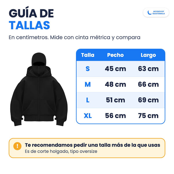 Guía de tallas de la Sudadera Ninja en centímetros: S pecho 45 largo 63, M 48 y 66, L 51 y 69, XL 56 y 75