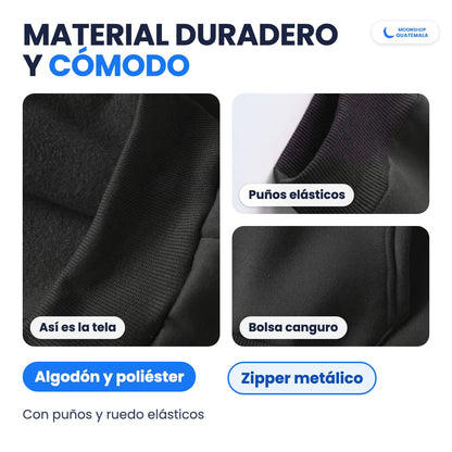 Detalles de la Sudadera Ninja: la tela, los puños elásticos y la bolsa canguro; algodón y poliéster con zipper metálico