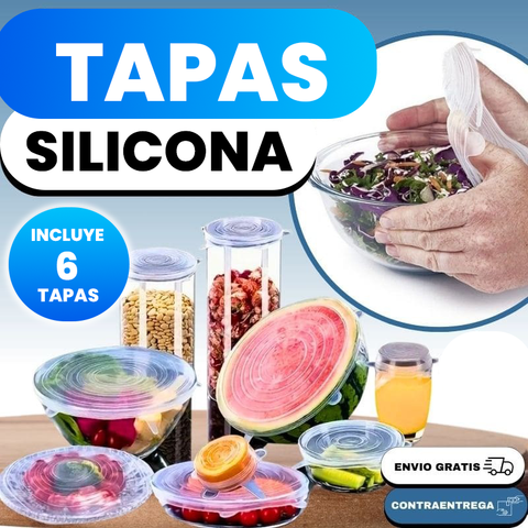 Set de 6 tapas de silicona reutilizables con sellado hermético para conservar alimentos