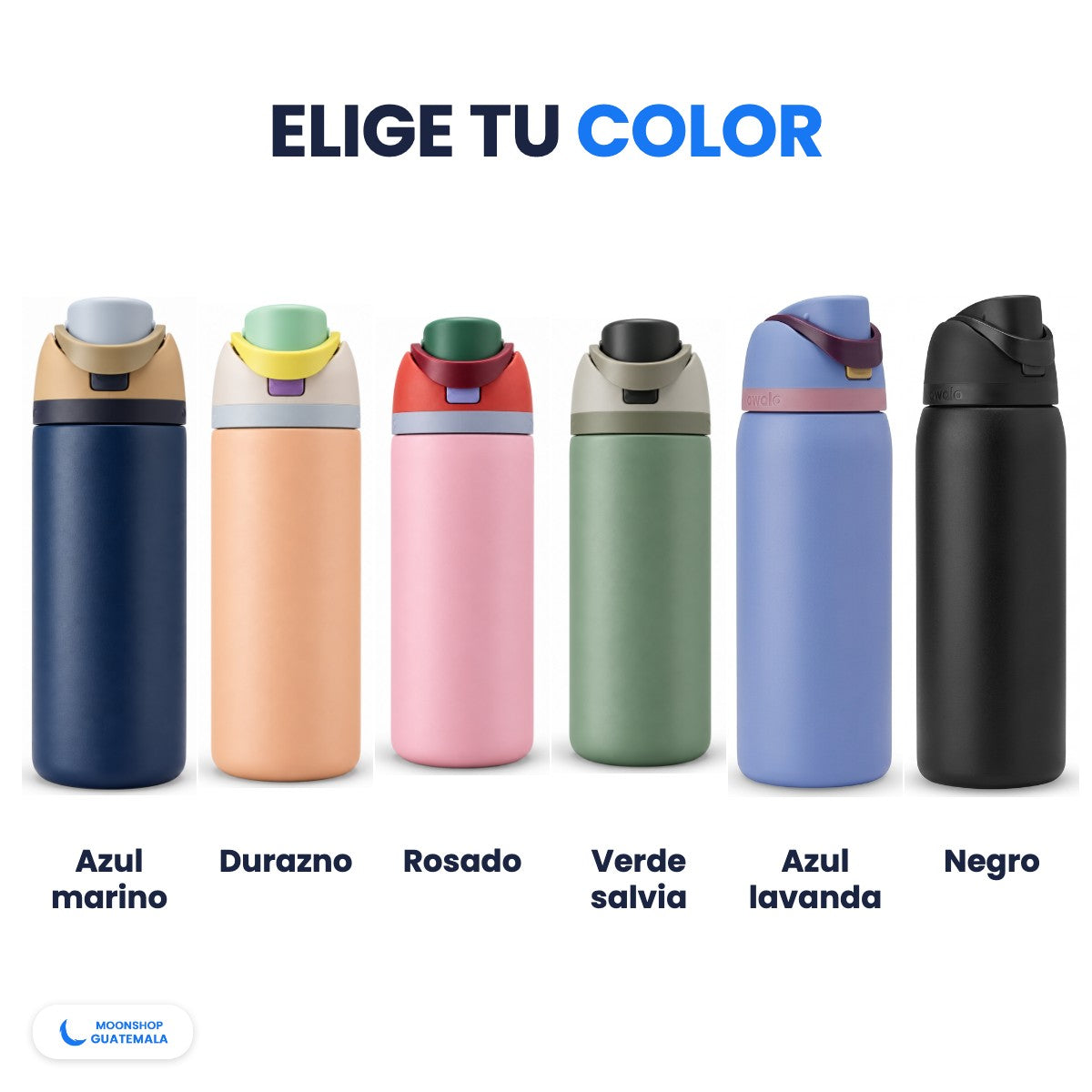Termo Owala FreeSip en 6 colores: azul marino, durazno, rosado, verde salvia, azul lavanda y negro