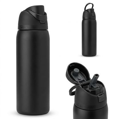 Termo Owala FreeSip 24 oz original color negro con tapa y asa negras, fondo blanco