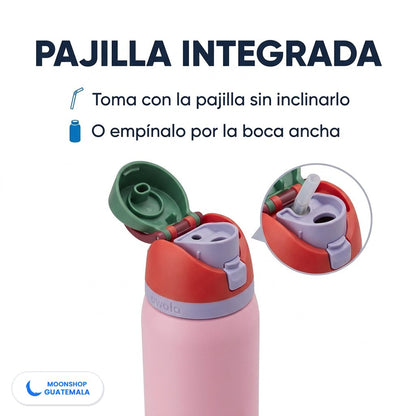 Termo Owala FreeSip con la tapa abierta mostrando la pajilla integrada