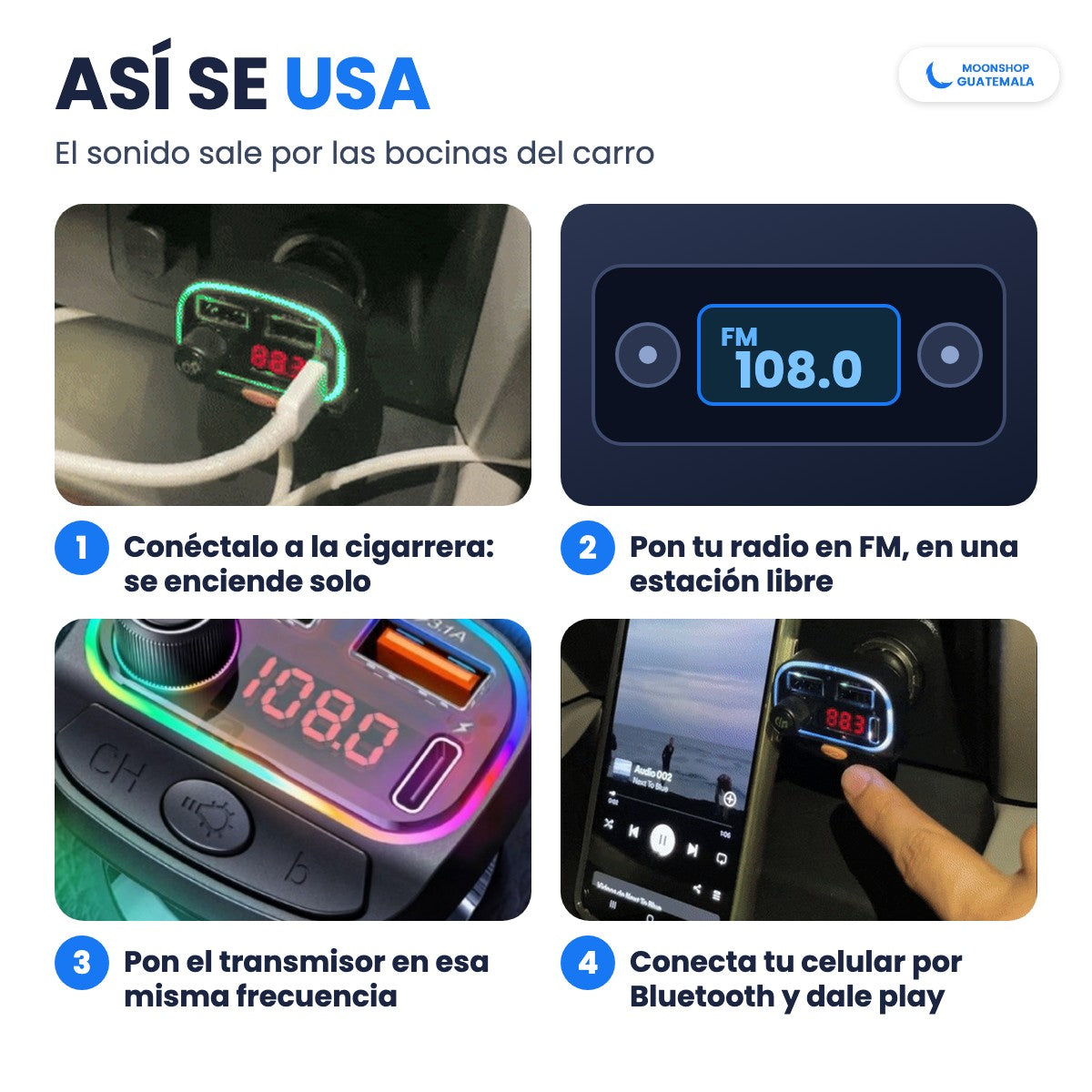 Cómo usar el transmisor Bluetooth: se conecta a la cigarrera, pones la radio en FM, el transmisor en la misma frecuencia y conectas tu celular