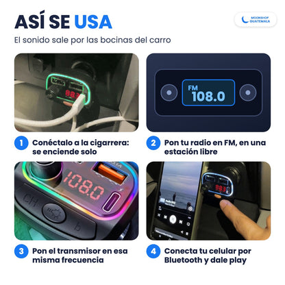 Cómo usar el transmisor Bluetooth: se conecta a la cigarrera, pones la radio en FM, el transmisor en la misma frecuencia y conectas tu celular