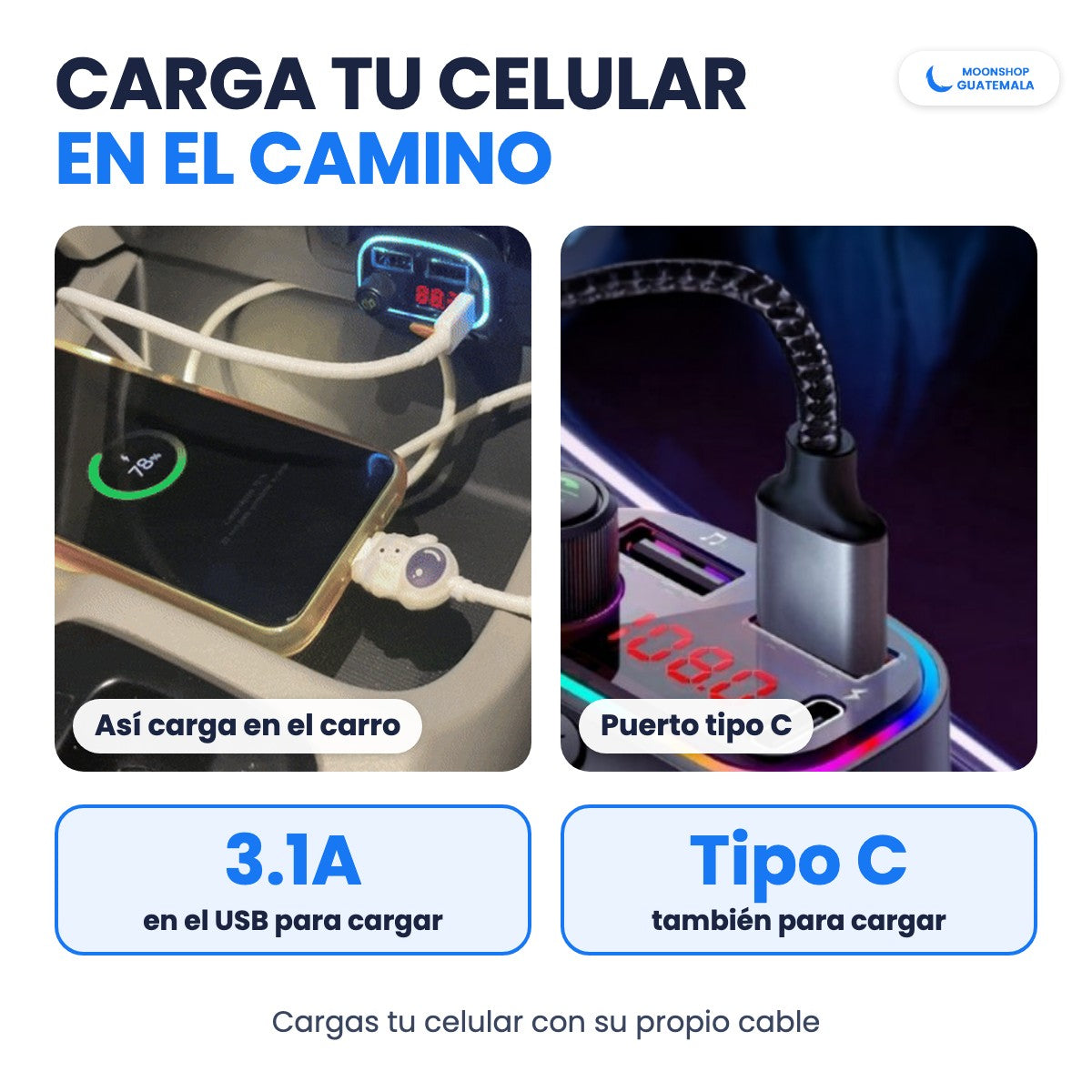 Transmisor Bluetooth cargando un celular en el carro por USB de 3.1A o por el puerto tipo C