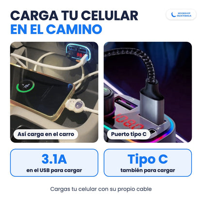 Transmisor Bluetooth cargando un celular en el carro por USB de 3.1A o por el puerto tipo C