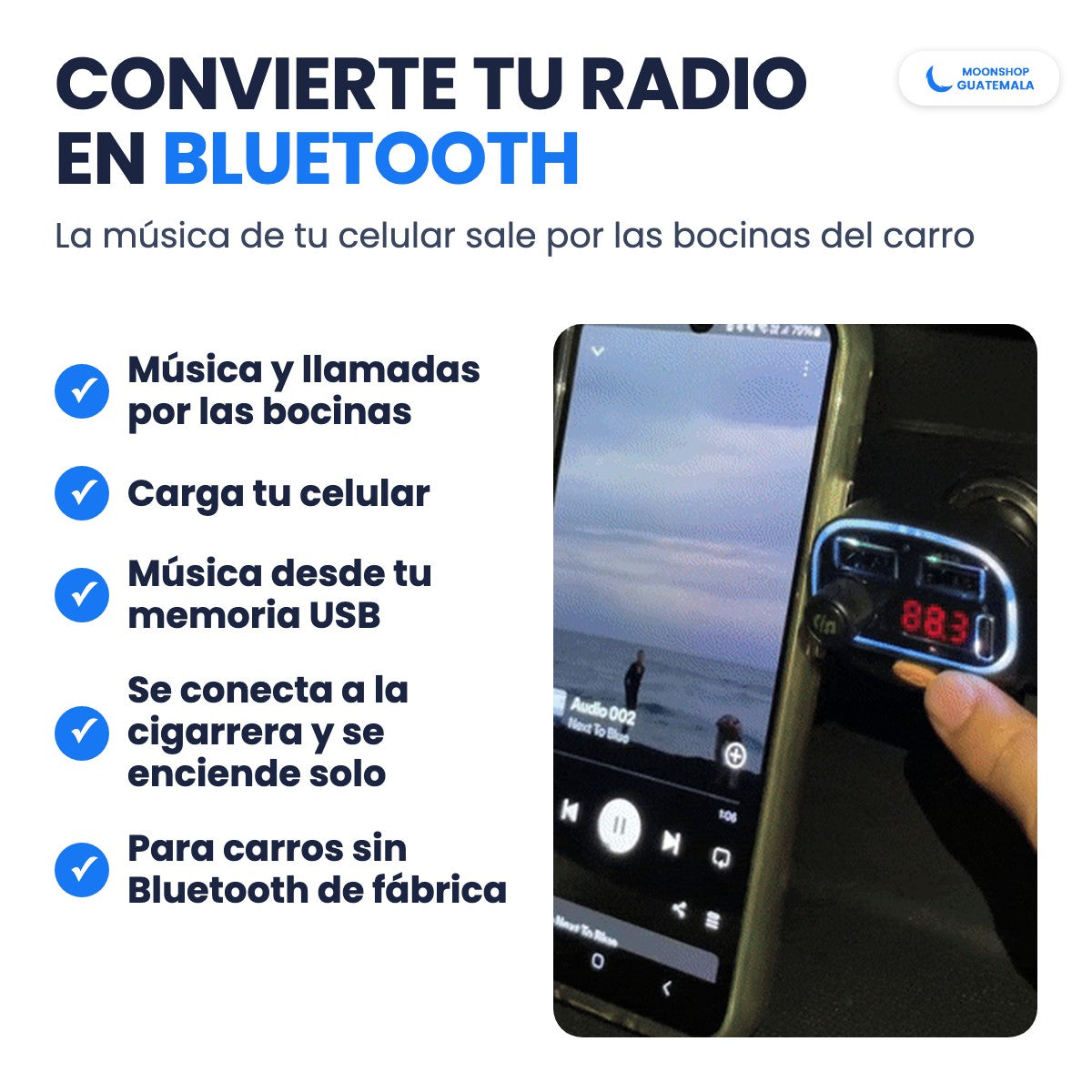 Transmisor Bluetooth puesto en la cigarrera del carro con la música del celular: música y llamadas por las bocinas