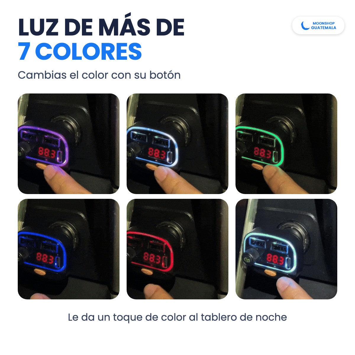 Luz del transmisor Bluetooth en morado, blanco, verde, azul, rojo y celeste: más de 7 colores que cambias con su botón