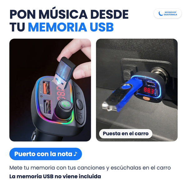 Transmisor Bluetooth con una memoria USB puesta para escuchar canciones en el carro; la memoria no viene incluida