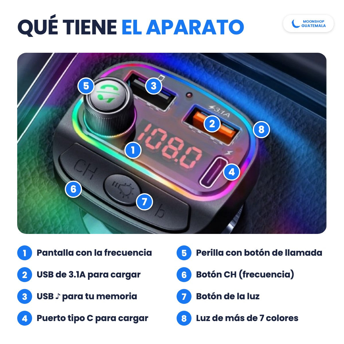 Qué tiene el transmisor Bluetooth: pantalla con la frecuencia FM, USB de 3.1A, USB para memoria, puerto tipo C, perilla con botón de llamada, botón CH y luz de colores