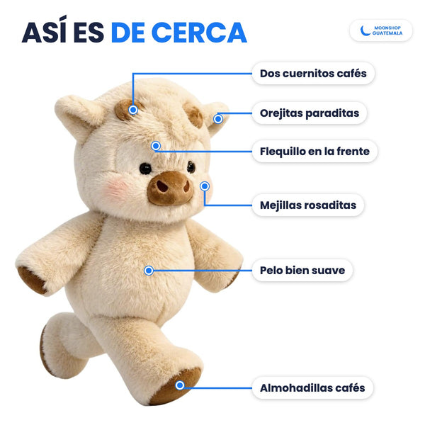 Vaquita que corre de cerca: dos cuernitos cafés, orejitas paraditas, flequillo, mejillas rosaditas y almohadillas cafés